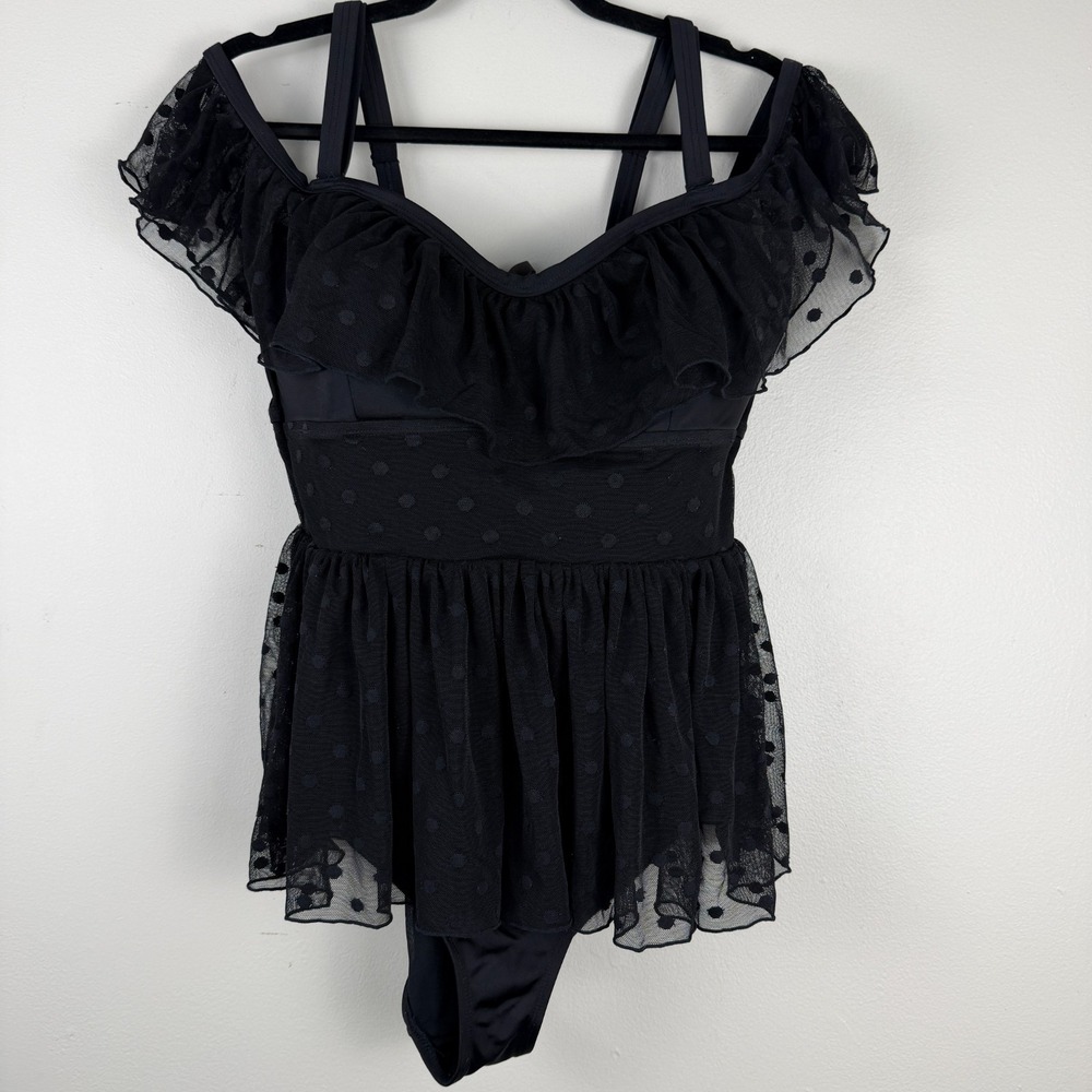 Torrid Swimsuit Women's L (0) Black Polka Dot Mesh Sleeveless Ruffled One Piece - Picture 2 of 13